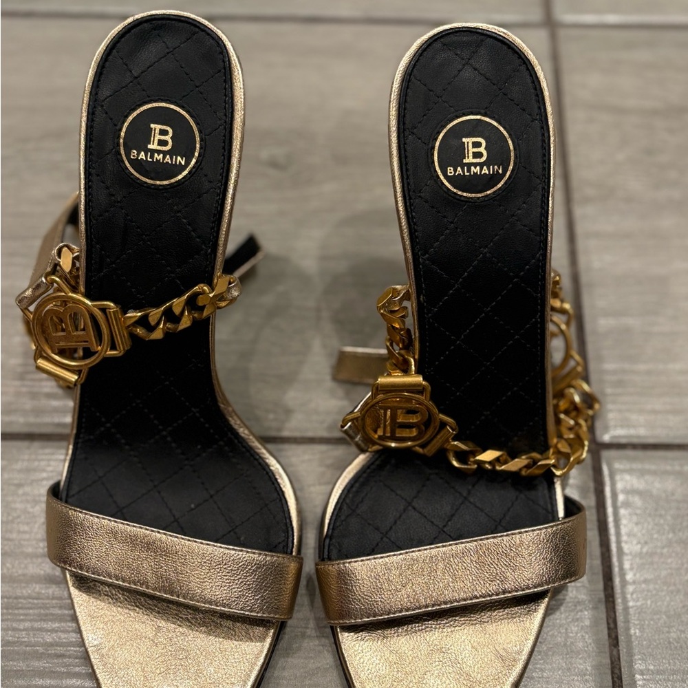 Balmain Gold and Black Heels with Chain Detail